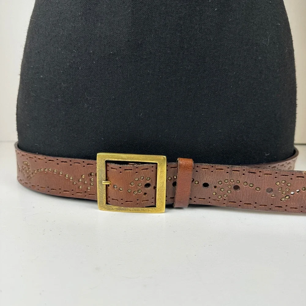 Brown Leather Perforated Studded Belt XL Brass Buckle Western Boho Casual